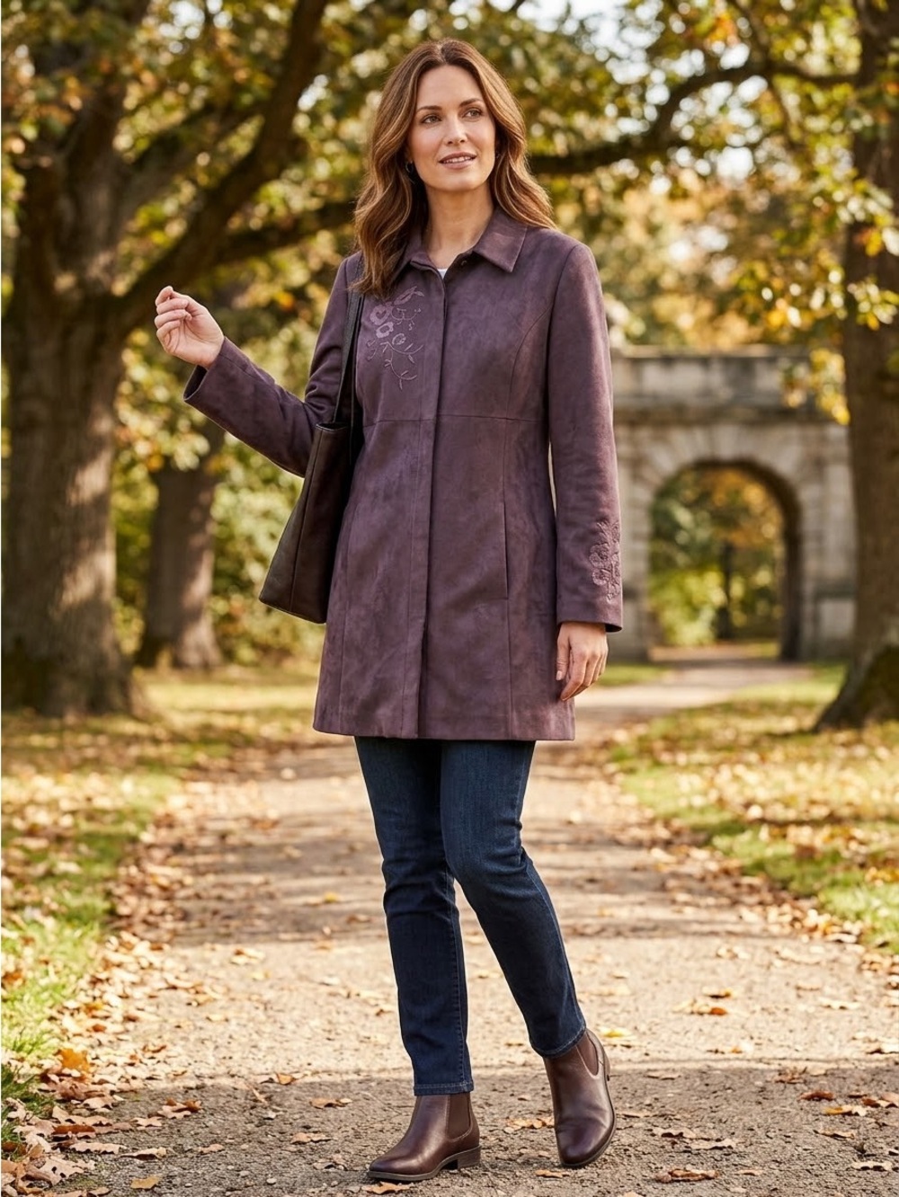 Vintage Jones Wear Purple Embroidered Suede Like Trench Coat With Pockets